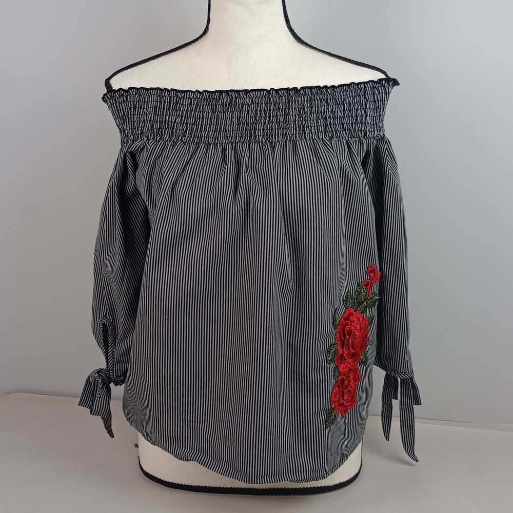 Gypsies & Moondust Womens S Black Striped Rose Embroidered Off Shoulder Blouse